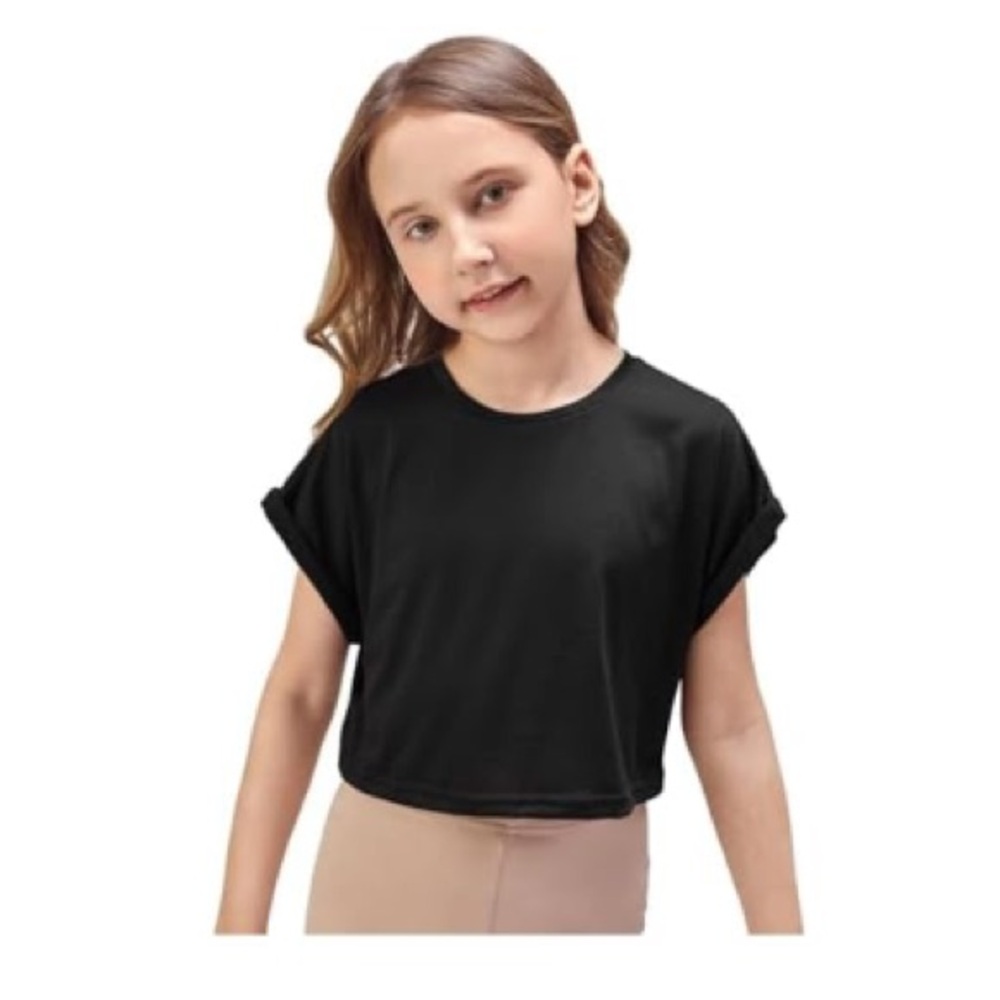 Girls Solid Black Roll Up Sleeve Crop Tee Casual Summer T-Shirt 10yr